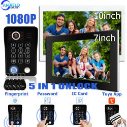 ANJIELO huella digital 5 en 1 desbloqueo Wifi timbre sistema de videoportero para portero doméstico Tuya Smart 1080P Monitor protección de seguridad