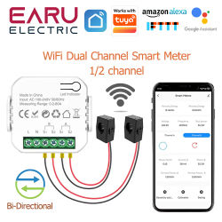 Medidor de Energía Solar Fotovoltaica EARU Monofásico/Bifásico con Monitor Bidireccional Inteligente WiFi y App Tuya, Medición de Corriente, Voltaje y kWh, Abrazadera CT