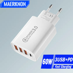 Cargador USB de 60W, adaptador de teléfono móvil de carga rápida PD USB C de 4 puertos para IPhone, Samsung, Xiaomi, Redmi, cargador de pared de carga rápida 3,0