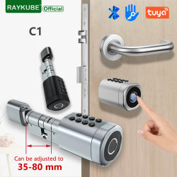 RAYKUBE-cerradura cilíndrica inteligente C1, dispositivo con Bluetooth, aplicación Tuya/TTlock, código de huella dactilar, tarjeta IC, Universal, de fácil instalación