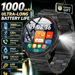 Reloj Inteligente Militar para Exteriores 2026 con Batería de 1000 mAh, Reloj Inteligente para Hombre con Resistencia al Agua IP68K, Linterna LED, Monitor de Ritmo Cardíaco y Rastreador Deportivo