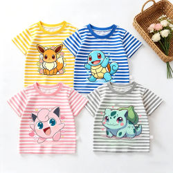 Camiseta con rayas de Pokémon de dibujos animados, camisetas bonitas de Pikachu Eevee Bulbasaur para bebés, camisetas de verano Kawaii para niños pequeños, camisetas de manga corta