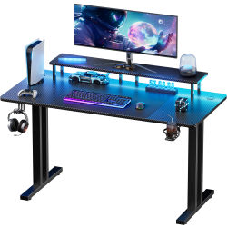 Escritorio para Juegos NEBMAAX, Superficie de Fibra de Carbono Resistente, Estructura de Acero Doble en Forma de I, Luces LED RGB, Soporte para Monitor con Portavasos y Gancho para Auriculares para