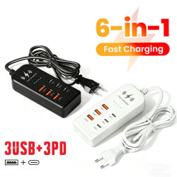 Cargador USB 6 en 1 con carga rápida PD Tipo C, adaptador multipuerto Tipo C, enchufe EU/US, cargador rápido, expansor de tomas de pared.