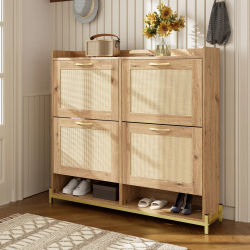 Mueble zapatero de madera para pasillo estrecho con 4 puertas, almacenamiento oculto y estante superior.