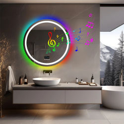 LUVODI Espejo de baño con Bluetooth RGB iluminado redondo de 32" Espejo de tocador antivaho regulable con 360 ° Altavoces estéreo Bluetooth