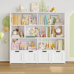 Getone Estantería Infantil, Organizador de Juguetes para Niños, Mueble Almacenaje Juguetes, Librería Infantil Montessori, Con 8 estantes y 4 cajones con ruedas 125.5x33x118cm Blanco