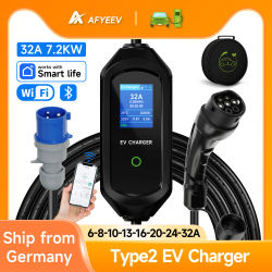AFYEEV 32A 7.2KW Type2 IEC62196-2 EV cargador portátil para vehículo eléctrico Cable de carga EVSE WiFi Bluetooth Control de aplicación