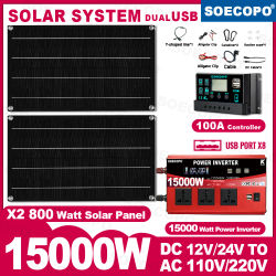 SOECOPO 15000W Kit portátil fotovoltaico completo 2*800W paneles solares DC 110V/220V inversor 100A controlador balcón planta eléctrica
