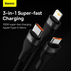 Cable USB Tipo C 3 en 1 Baseus, Cable de Carga Rápida de 100W para Honor 50 Pro, Cargador para Teléfono Xiaomi Samsung, Cable Micro USB
