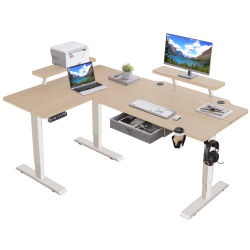 Radlove Escritorio en forma de L de 160 cm, ajustable en altura eléctricamente, mesas de oficina en forma de L, escritorio con soporte para monitor y cajón, color beige