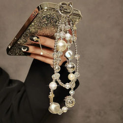 Cordón corto para teléfono móvil, lujosa perla de cristal, cuentas de diamante, pulsera de doble cadena de mano, decoración colgante para funda de teléfono