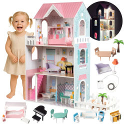 Casa de Muñecas de Madera Mamabrum XXL con Iluminación LED, Terraza, Jardín, Juego de Muebles Grandes para Niña, Juguete de 3 Pisos