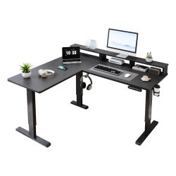 Escritorio en Forma de L con Altura Ajustable Eléctrica de 160x140cm, Escritorio de Esquina con Soporte para Monitor, Marco con 3 Motores, Control de Memoria, Soporte para Auriculares, Soporte para