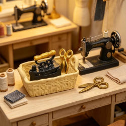 Set de Accesorios de Costura en Miniatura para Casa de Muñecas 1:12, Cesta Tejida de Resina, Mini Tijeras de Metal Vintage, Muebles en Miniatura