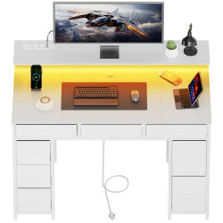 Escritorio para computadora de 120 cm con 8 cajones de almacenamiento, escritorio para juegos, con iluminación LED y puertos USB, escritorio para oficina en casa con soporte para monitor, adecuado