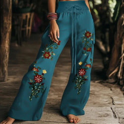 Pantalones de cintura elástica para mujer, cómodos y elegantes, con estampado de plantas, temperamento informal, moda de otoño