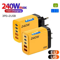 Cargador USB C de 5 puertos de 240W, carga rápida 3,0 tipo C PD, cargador de teléfono para iPhone, Samsung, Xiaomi, enchufe UE/EE. UU., cargador de pared de carga rápida
