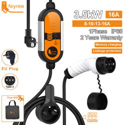 Cable de Cargador Portátil para Vehículos Eléctricos Feyree Tipo 2 16A 3.5kW 5m con Enchufe Schuko, Corriente de Carga EVSE Ajustable para Cargador de Coche Eléctrico
