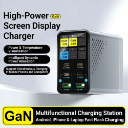 Cargador de Escritorio Inteligente Multipuerto GaN de 140W 6 en 1 con PD+QC y Pantalla Digital Inteligente para Teléfonos y Tabletas