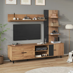 Mueble de TV de pared de 187.5 x 40 x 167 cm con vitrina, mueble multimedia que incluye soporte para TV y estantería, conjunto de muebles para sala de estar