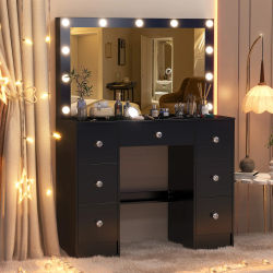 Tocador Teousev con Espejo y 11 Luces LED, Mueble de Tocador con Brillo Ajustable y Cajón Grande, Ajuste de 3 Colores