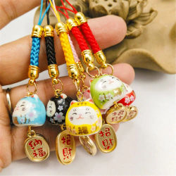 Colgante de cerámica para teléfono móvil con diseño de gato de la suerte, accesorios coloridos para bolso, correas para llaves de teléfono de alta calidad, llavero japonés, decoración de cuerda