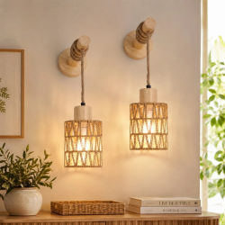 Lámparas de Pared JOYINLED de Estilo Japonés, con Cuerda de Papel Tejida, Acabado con Aspecto de Madera, Cuerpo de Hierro, Pantalla de Mimbre, E27, Paquete de 1/2/3 Unidades