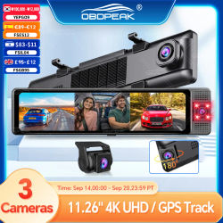 OBDPEAK Cámara de Coche 3 en 1, Grabador de Vídeo 4K, Delantera, Interior y Trasera 1080P, GPS, Visión Nocturna, Monitor de Estacionamiento