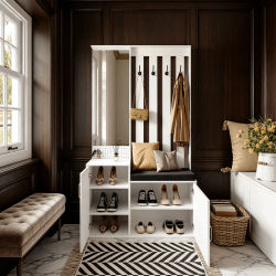 Fangange Mueble para zapatos y banco acolchado para cambiar zapatos, mueble multifuncional 6 en 1 para recibidor con espejo de cuerpo entero, banco acolchado suave para cambiar zapatos, para