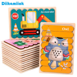 Rompecabezas de madera con tira de doble cara de animales de dibujos animados, juego de rompecabezas Montessori para niños, juguetes educativos para bebés