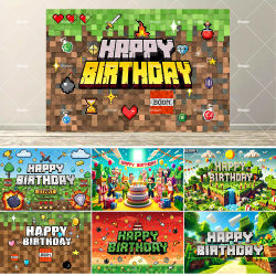 Fondo de Cumpleaños con Diseño de Videojuego, Decoraciones para Fiestas Infantiles, Póster de Bloques de Píxeles, Pancarta para Baby Shower, Accesorios para Fotos, Regalo para Niño