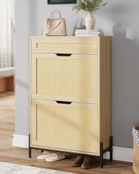 Zapatero Estrecho de Mimbre Natural de 60×22×105cm, 1 Cajón, 2 Puertas, Base Metálica, Almacenamiento para Entrada o Sala de Estar