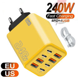 Cargador USB C GaN de 240W, 8 en 1, adaptador de corriente de carga rápida para iPhone, Samsung, Xiaomi, tipo C, enchufe europeo/estadounidense, cargador de pared