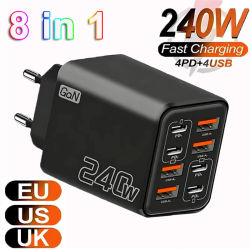 Cargador USB C GaN de 240W, 8 en 1, Cargador Rápido para Teléfono, Adaptador de Corriente para iPhone Xiaomi Tipo C, Enchufe EU/US/UK, Cargador de Pared 2026