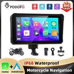 Monitor para Motocicleta Podofo de 6'' con Pantalla Táctil, Carplay, Android Auto, IP68 Impermeable, Ajuste Automático de Brillo, Detección de Presión de Neumáticos, BT
