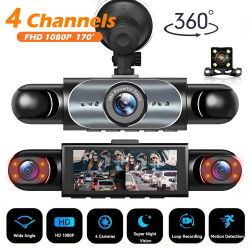 Cámara de salpicadero de 4 canales 360 ° Grabador de vídeo para coche, caja negra con visión nocturna, Monitor de estacionamiento 24/7, Sensor G, grabación en bucle, piezas de automóvil