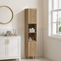 Armario alto para lavadora, mueble de baño con puertas y estantes abiertos, armario de almacenamiento estrecho de madera para lavadero, balcón, baño, cocina, independiente, acabado en roble