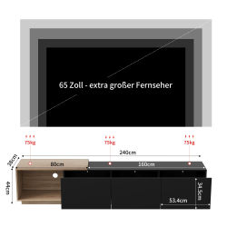 Soporte moderno para TV LED, mueble extensible para TV de 160 cm a 240 cm de largo, tira de luces LED de inducción, soporte para TV con 3 cajones, mueble para televisores de hasta 65 pulgadas, para