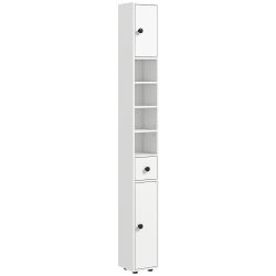 kleankin Mueble Auxiliar Baño Moderno con 1 Cajón 5 Estantes y 2 Armarios para Salón Dormitorio Carga 30 kg 20x20x180 cm Blanco