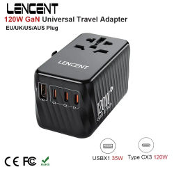 LENCENT Adaptador de viaje internacional GaN de 120 W, cargador rápido con 1 puerto USB y 3 tipos C, adaptador de corriente todo en uno para viajes