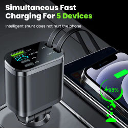 Adaptador de cargador de coche de 150W 5 en 1 cargador de coche USB tipo C de carga rápida con cables tipo retráctiles para iPhone Huawei Samsung
