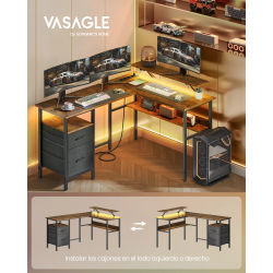 VASAGLE L-Shaped Gaming Desk: Power Outlets, Monitor Stand, LED Lights. 2 Drawers, Easy Assembly. Home Office. Rustic Brown/Negro Ébano