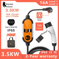 Cargador Portátil para Vehículos Eléctricos Feyree Tipo 2, 16A, 3.5KW, Cable de Carga EVSE de 5m con Enchufe Schuko, Corriente Ajustable para Cargador de Coche Eléctrico