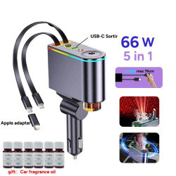 Cargador rápido 5 en 1 para coche, cargador de teléfono retráctil de 66W con techo Starlight, adaptador de corriente USB tipo C para teléfonos IOS y Android