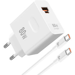 Cargador Rápido de 80W con Cable de Carga Tipo-C de 1m, Adaptador de Corriente para Teléfono Compatible con Honor X70 X60 Magic6 Magic7 Huawei Pura70 Mate 60 Pro