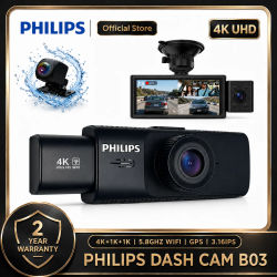 Cámara para Auto PHILIPS B03 4K+1K+1K HDR de 3 Canales (Frontal, Interior, Trasera), Pantalla IPS de 3.16 Pulgadas, WiFi 2.4G y 5.8G, Compatible con APP y GPS, DVR para Auto con Grabación Continua de