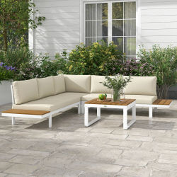 Outsunny Conjunto de Muebles de Jardín Exterior 4 Piezas Juego de Muebles de Terraza Incluye 2 Sofás Dobles 1 Sofá Esquinero Reclinable y Mesa de Centro Mesita Lateral con Cojines para Patio Crema