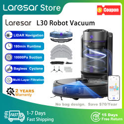 Laresar L30 Robot Aspirador sin bolsa con succión ciclónica, 10000Pa, 180 min de autonomía, navegación LiDAR, capacidad de polvo de 65 días, 4 en 1 aspirar y fregar