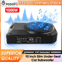 Podofo Subwoofer Activo Ultra Delgado de 10 Pulgadas y 800W para Debajo del Asiento, 12V con Procesador de Audio Integrado, Altavoz de Bajos Potenciado, Kit Completo de Cableado, Subwoofer Compacto de